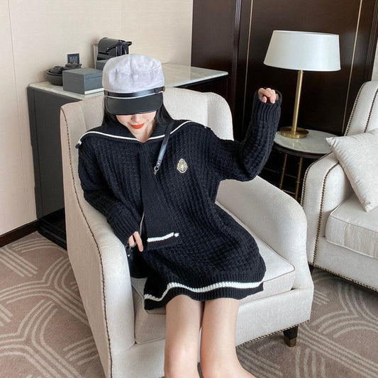 Autumn Winter Navy Collar College Style Loose Pullover Sweater Women's Mid-length Outer Knit Jacket Jacket