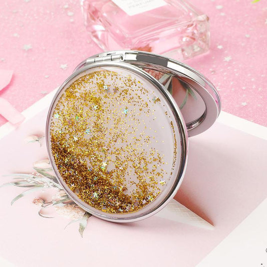 Hand-held Makeup Mirror Mini Vanity Mirror Schoolgirl Woman Flip Foldable Easy To Carry Quicksand Sequins Small Round Mirror