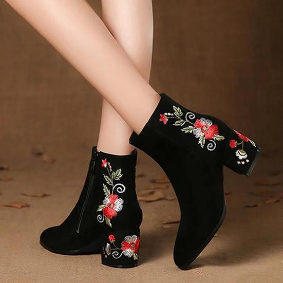 Women's Winter Frosted Coarse Heel Plush Short Boots Large Soft Bottom Embroidered High-heeled Cotton Shoes