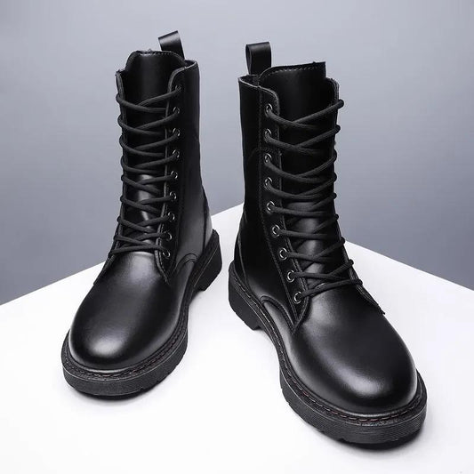 Autumn High-top Cowboy Boots All-match Outdoor Martin Boots Men's Casual British Tooling Leather Boots Men's Lace-up Black Handsome Motorcycle Boots