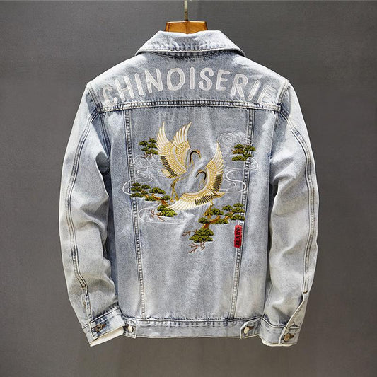 Embroidered Denim Jacket Men's Autumn and Winter Korean Style Slim Denim Jacket Trendy Handsome Plus Size Jacket