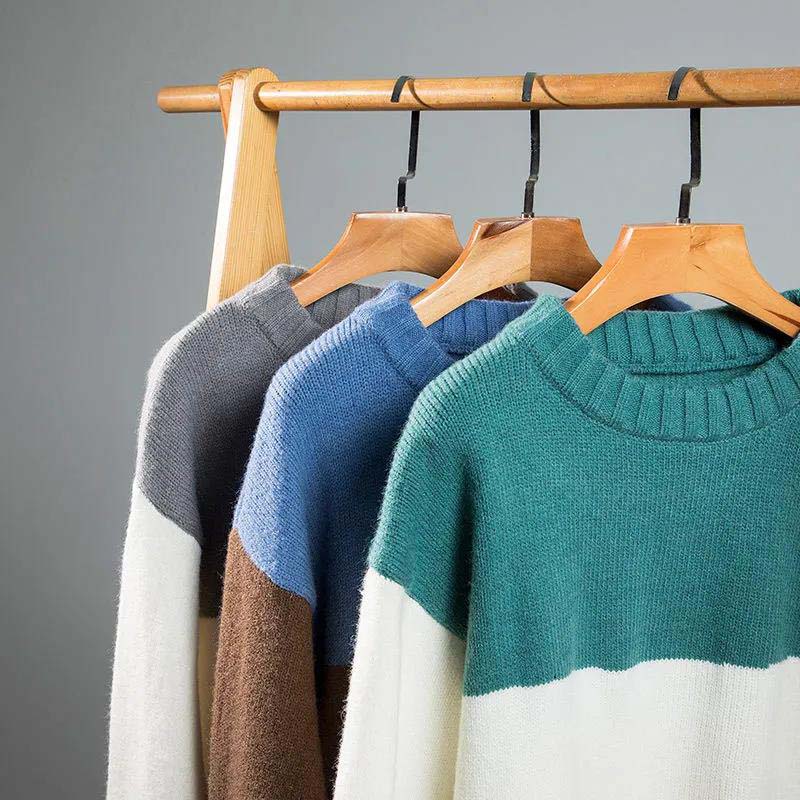 Men's Autumn and Winter Sweater Pattern Stitching Loose, Casual Men's Round Neck Pullover Type
