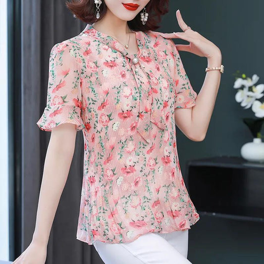 Women's Summer Chiffon Short Sleeve Top V-Neck Large Floral Loose T-Shirt