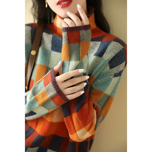 Gorgeous Colorful Checkerboard Knitted Sweater Women Autumn and Winter High-necked Lazy and Thin Outer Wear Plaid Sweater Women