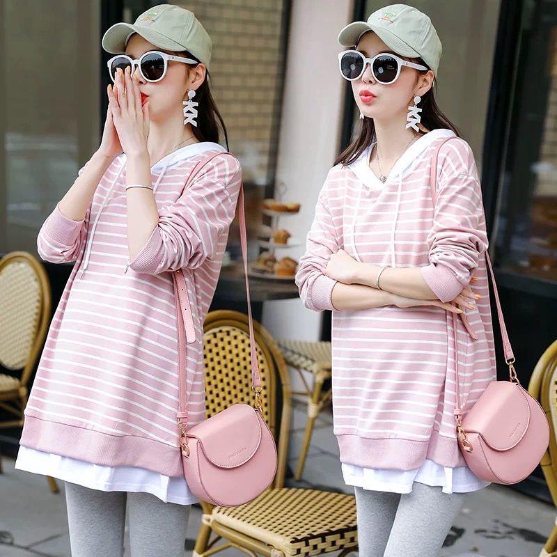 Spring and Autumn Maternity Suit Wild Striped Long Sleeve Top Loose Fashion Mid-length Sweater