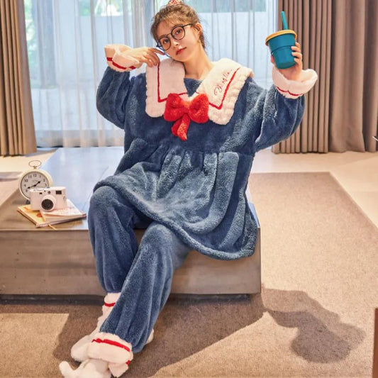Women's Winter Pajamas Set Cute Bow Large Neckline Thickened Coral Plus Velvet Suit Plush Home Wear Flannel Suit Lovely Cartoon Set