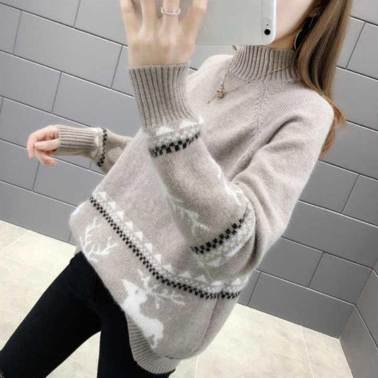 Autumn and Winter Thick Sweater Fawn Pattern Jacquard Knitted Bottoming Shirt Loose and Simple Women's Top