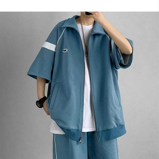 Summer Retro Short-sleeved Sports Suit Men and Women College Style Loose Short-sleeved Two-piece Wide-leg Five-point Shorts