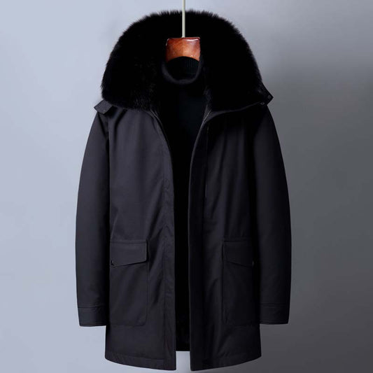 Down Jacket Men's Mid-length Thick Plush Collar Winter Casual Warm Hooded Jacket