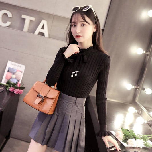 Pofulove Lace Collar Knitted Sweater Women Autumn Winter Sweet Long Sleeve Slim Pullover Turtleneck Sweater