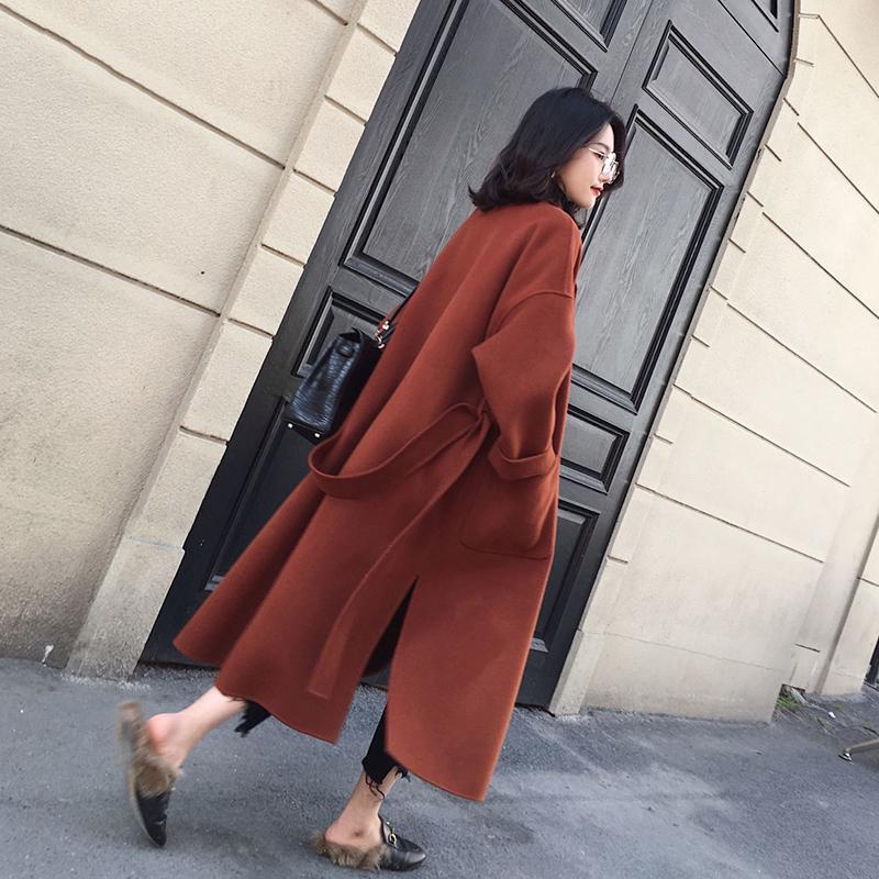 2019 Winter Coat Women Lapel Belt Pocket Wool Blend Coat Long Trench Coat Outwear Wool Coat S-4XL