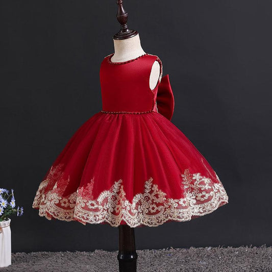 Children's Dress Skirt Girl Baby Lace Bow Dress Temperament Sleeveless Open Back Lace Plaid Skirt Tutu Skirt Waist A-line Skirt