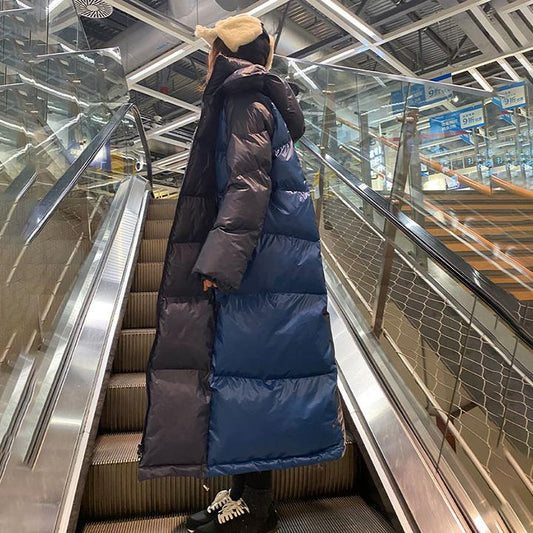 Women's Down Padded Jacket Mid-length Winter Clothes Double Color Matching Loose Padded Stand-up Collar Hooded Padded Jacket