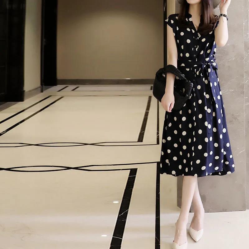 French Retro Polka Dot Dress Female Summer Short-sleeved Waist Waist Was Thin All-match Casual Over-the-knee Skirt