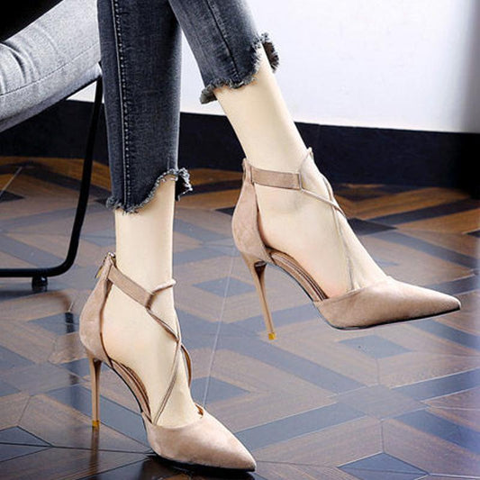 French High Heels Women's Stiletto Summer Cross Strap High Heels Hollow Pointed Toe Versatile Pump High Heels