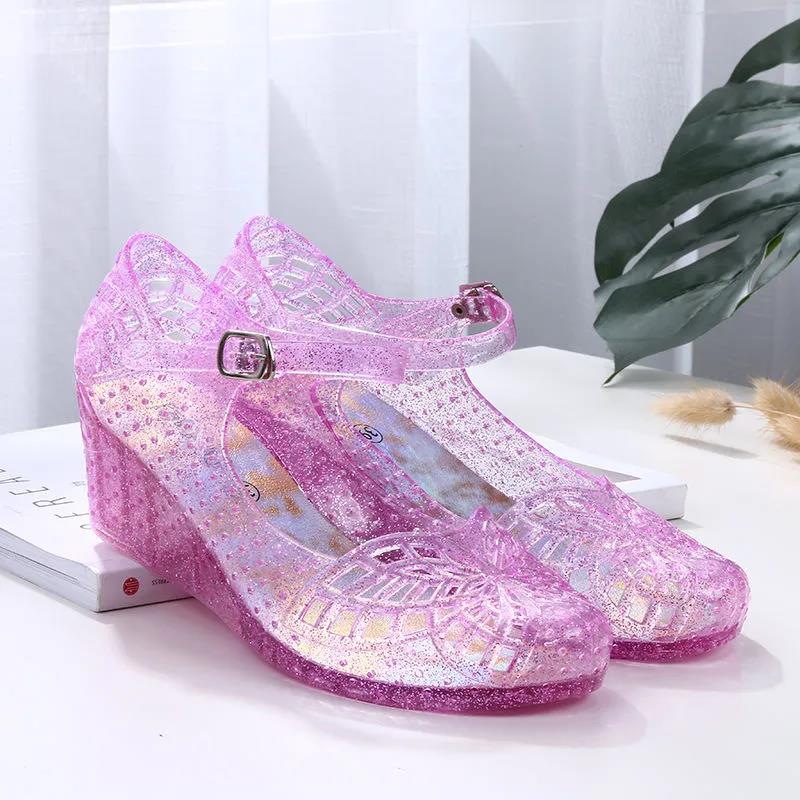 Sandals Women's Summer Baotou Slope with Non-slip Soft Bottom Breathable Hole Transparent Word with Crystal Jelly Shoes