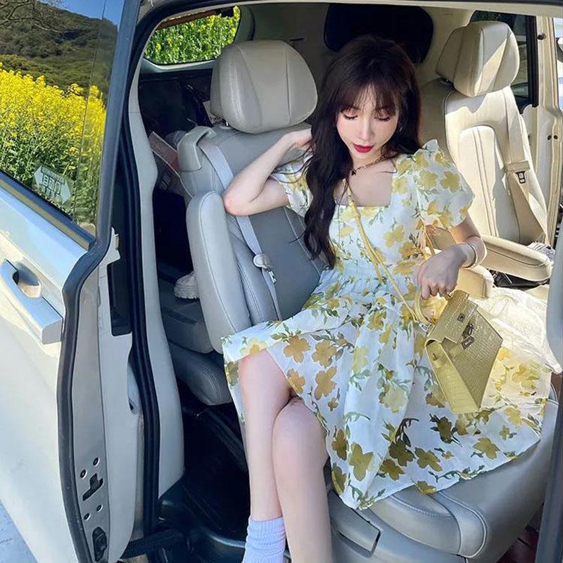 Women's Summer Dress Square Neck Floral Puff Sleeve Loose Skirt