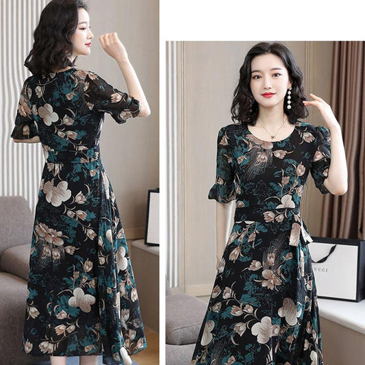 Short-sleeved Chiffon Dress Female Summer Plus Size Waist Slimming Long Round Neck Floral Skirt Temperament Elegant Chiffon Dress