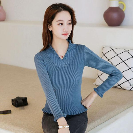 Autumn and Winter Solid Color V-neck Sweater Short Women's Small Slim Knit Sweater Women