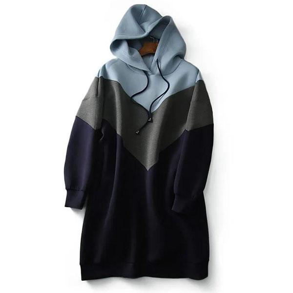 Women's Spring and Autumn Long Hoodie Color Matching Casual Hoodied Dress Large Size Loose and Versatile Hoodie