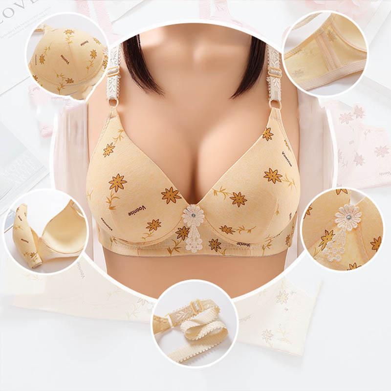 Autumn and Winter Thin Section Large Size Gathered Bra Printing Sexy Sweet Style Breathable No Steel Ring Bra