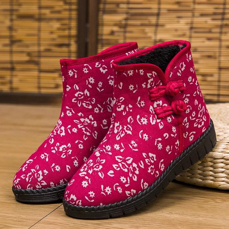 Winter Women Cotton Shoes Plus Velvet Warm Non-slip Wear-resistant Ethnic Snow Boots Traditional Cotton Boots