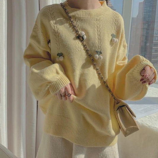 Autumn Winter Korean Version Sweet Three-dimensional Cherry Pullover Long-sleeved Sweater Sweater Women Loose Outer Wear
