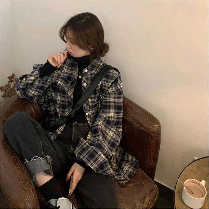 Layered Plaid Shirt Women's Spring and Autumn Retro Loose and Lazy Style Shirt Coat