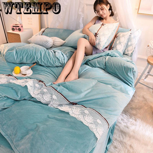 Winter Bedding 4pcs Set King Size Soft Warm Coral Fleece DuvetCover Bedsheet Pillow