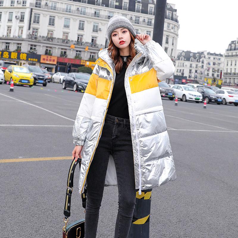 Silver Shiny Face Down Jacket Women Mid-length Colorful Antifreeze Shiny Leather Waterproof Casual Jacket