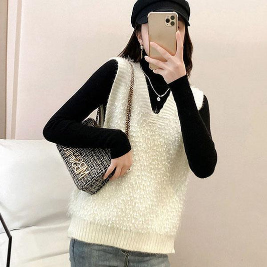 Spring and Autumn Loose Sleeveless Sweater Solid Color Knitted Vest Women's V-neck Bright Silk Fleece Top