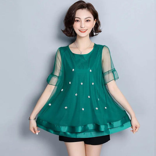 Women's Summer Plus Size Short Sleeve Top Mesh Loose Versatile V-Neck T-Shirt