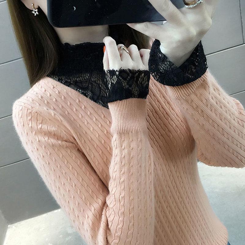 Autumn and Winter Fashion Simple Bottoming Shirt Lace Stitching V-neck Sweater Fashion Knitted Women's Top