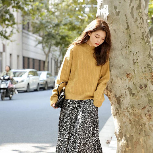 Autumn Winter Solid Color Loose Pullover Sweater Thick Women Half Turtleneck Base Sweater