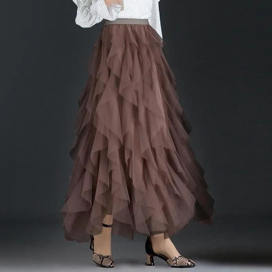Spring Summer Sweet Cake Mesh Skirt Women's A-line Pleated Skirt Irregular Long Skirt Solid Color Fluffy Gauze Skirt Mid-length