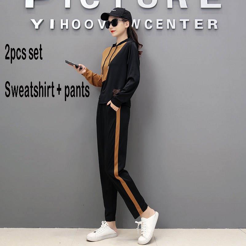 Two Pcs Set Wild Long -Sleeved Casual Sweatshirt Set Large Size Autumn And Winter Women 'S Clothing
