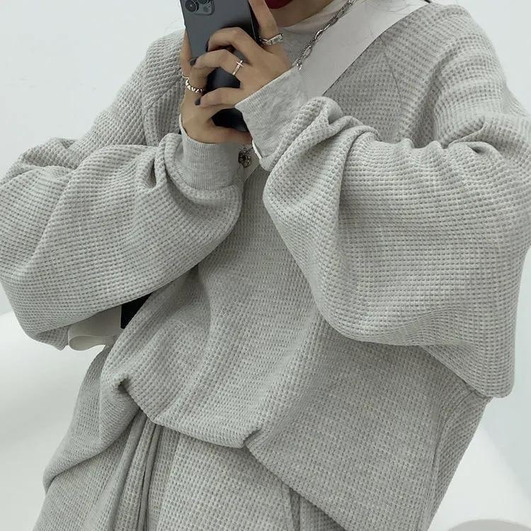 2PCS Waffle Sports and Leisure Suit Women's Autumn Large Size Loose Long-sleeved Sweater + Shorts Two-piece Suit Girls Athletic Jogging Clothing