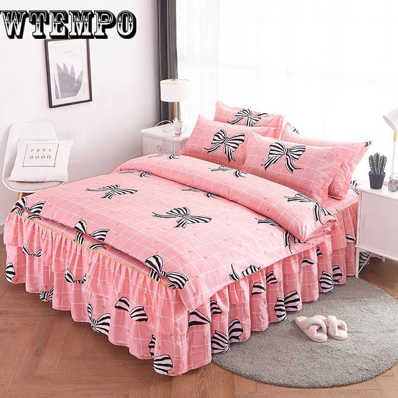 Lace Decoration Non-slip Bed Skirt Queen Size Bedding Set Bedsheet Bedcover Pillowcase Home