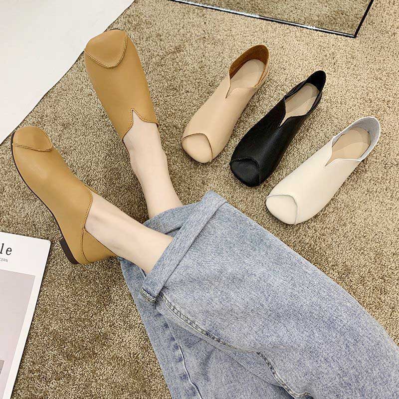 Soft Leather Shoes Women's Spring and Autumn Style Flat Soft Bottom Beanie Slip-on Slip-on Shoes