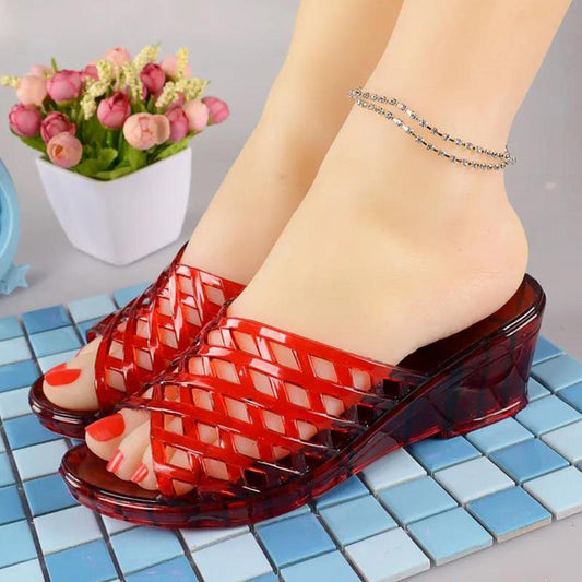 Fashion High Heel Crystal Slippers Girls Summer Transparent Plastic Sandals Wedge Heels Bathroom Thick Bottom Outdoor
