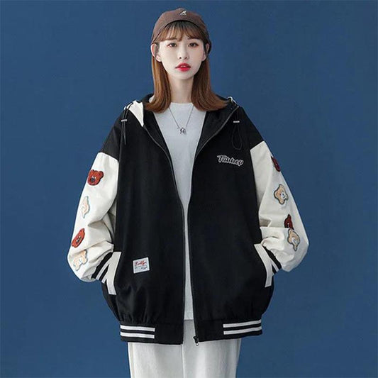 Zip-up Women Korean Style Hoodies Vintage Patckwork Long Sleeve Oversized Hooded Sweatshirt Lady Women Casual Large