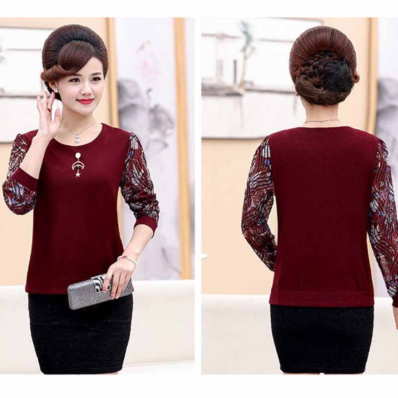 Women's Mother Wear Spring and Autumn Warm Bottoming Shirt Long-sleeved Round Neck Casual T-shirt