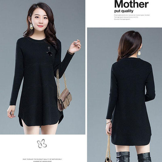 Autumn Winter Knit Casual Dress In Pure Color Long Sleeve Bottom Skirt Simple Middle-aged Women Wool Dress