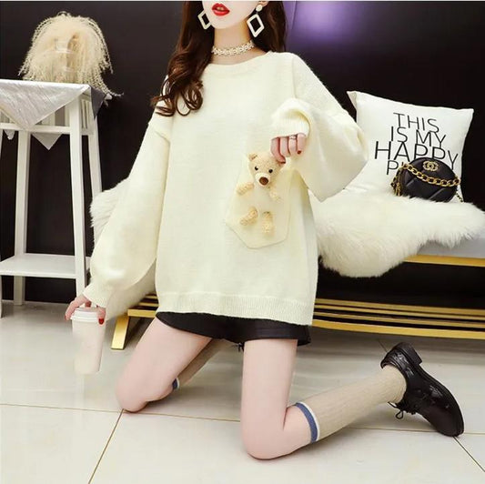 Cute Style Design Sense Bear Sweater Women's Pullover Loose Knitwear Tide Autumn Long-sleeved Pocket Blouse