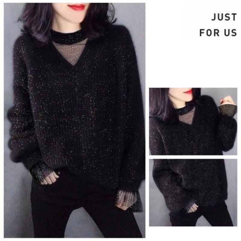 Black Lace Women Stitching Pullover Top Chiffon Autumn Casual Solid Loose Long Sleeve Crew Neck
