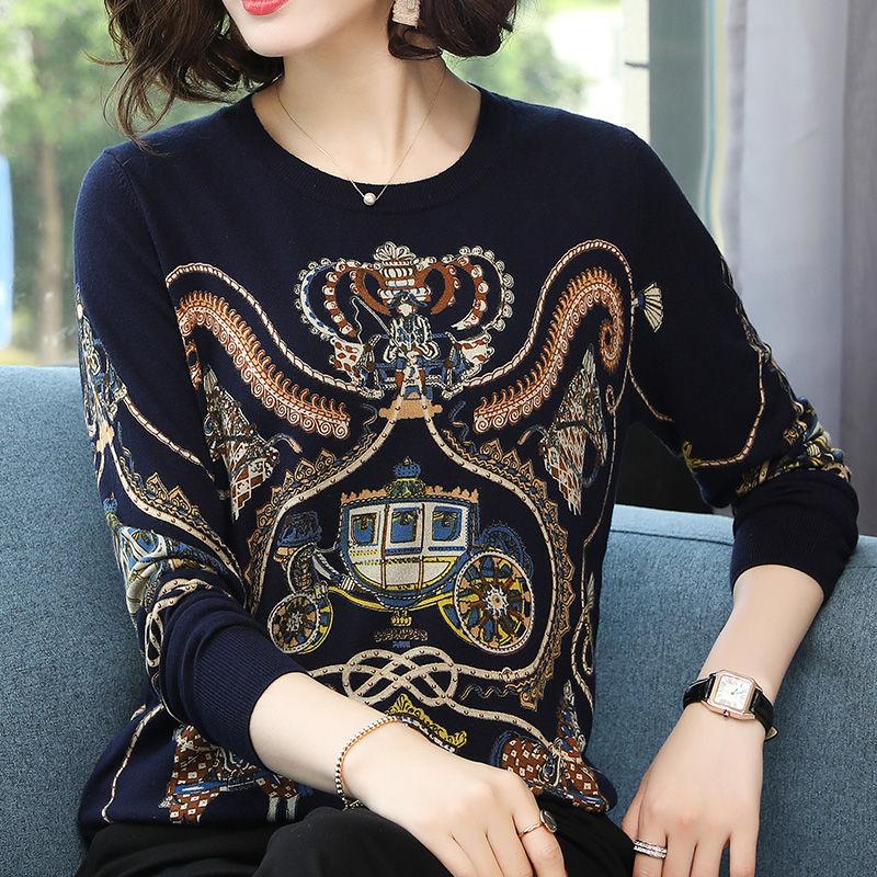 Women's Ethnic Style Printed Woolen Sweater Female High-end Cashmere Sweater O-Neck Outwear Pullover Sweater Plus Size Warm Jumper Top