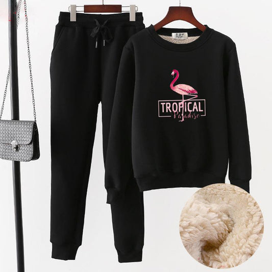 2pcs/set Women Fleece Liner Sweatshirt Tracksuit Winter Casual Loose Jumper Plus Size Outfits Outwear