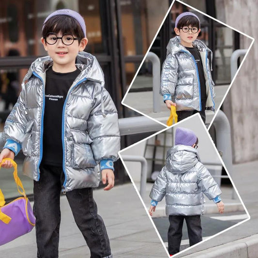 Children's Down Jacket Boys Baby Bright Face Disposable Girls Plus Velvet Thick Autumn and Winter Hooded Printed Cotton Jackets