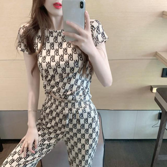 Women Spring Summer Vintage Letter Print Short Sleeve T-shirt High Waist Straight Tube Loose Wide Leg Split Pants Two Piece Set