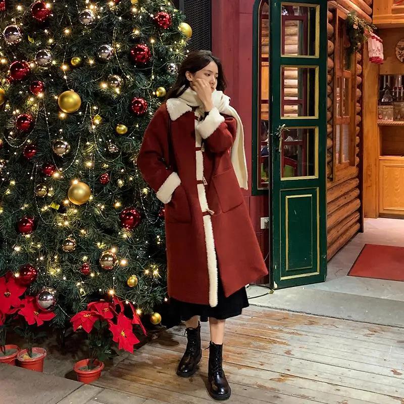 Autumn and Winter Woolen Coat with Horns Buckle Lamb Wool Thick Woolen Coat Women's Mid-length Lapel Woolen Coat
